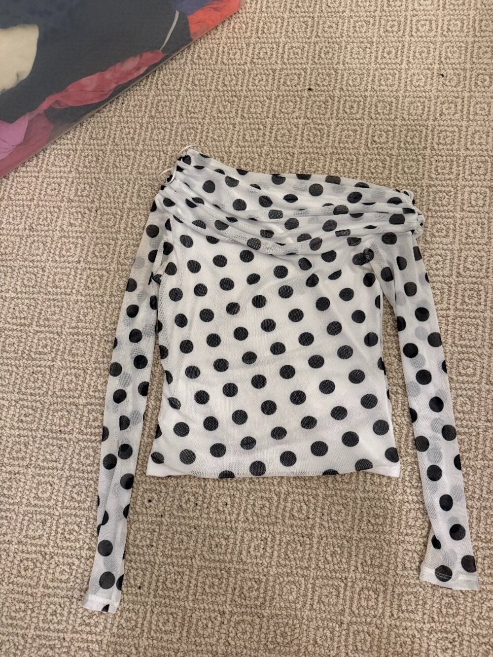 afrm polka dot mesh off the shoulder top